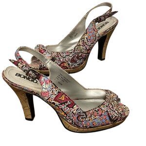 Vintage Women’s Bongo Kyra Slingback Peep Toe Paisley Heels Shoes Multicolor 9
